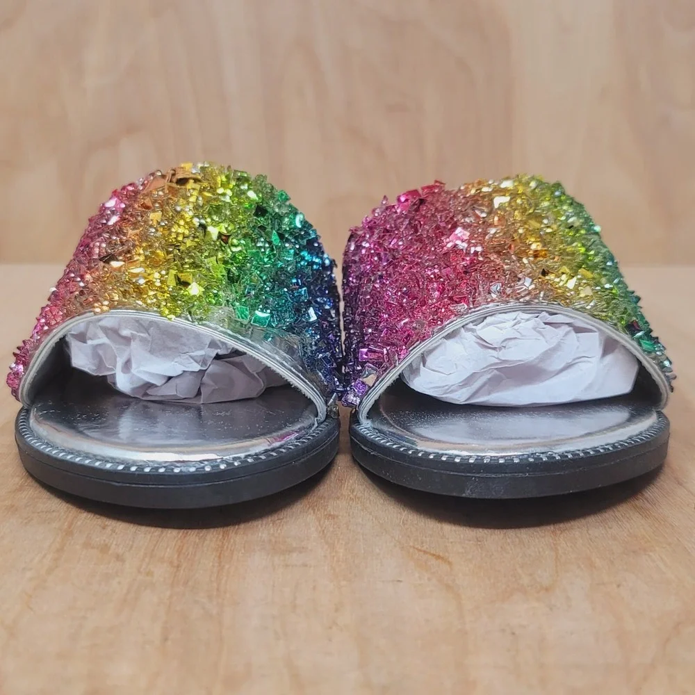 H2K Womens Slides Sz 5 Glitter Rainbow Flat Low Wedge Sandals Shoes